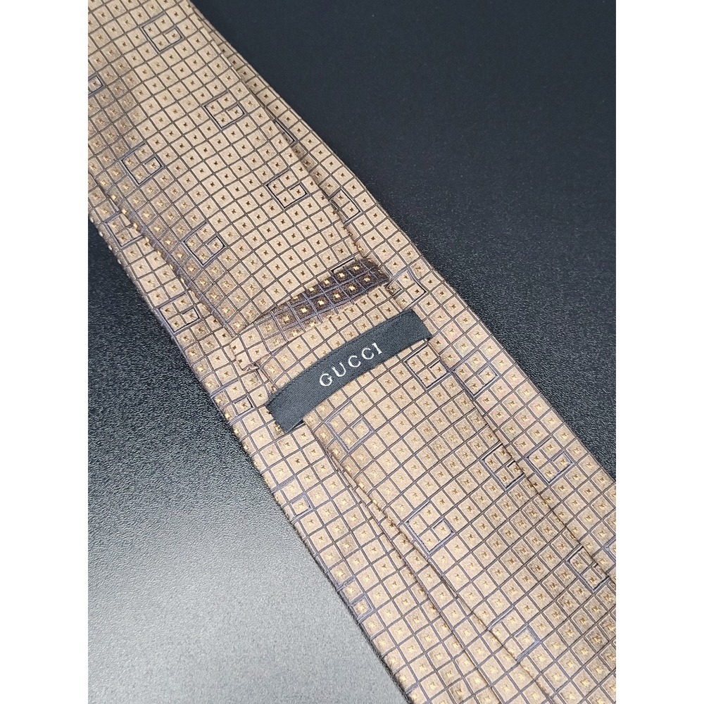 Gucci Necktie Tan Brown Grid Pattern 100% Silk GG Logo Made in Italy Excellent
